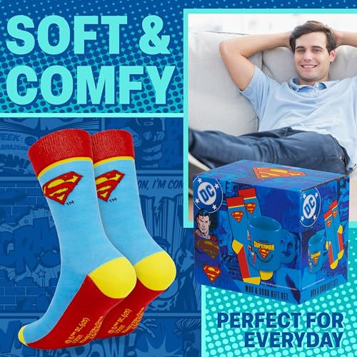 Image of Get Trend DC Comics Superman 11oz Mug and Socks Set, Crew Socks with Ceramic Coffee Mug Microwave Safe, Novelty Gifts for Men, Husband, Boyfriend (Blue /Red Superman)