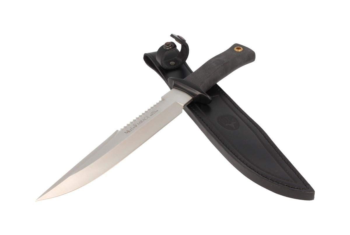Muela Cuchillo Mirage MIRAGE-23 hoja de acero ACX-380 de 23 cm y empuñadura de goma negra para Caza, Pesca, Supervivencia y Bushcraft Realizado en Ciudad Real + Portabotellas de regalo