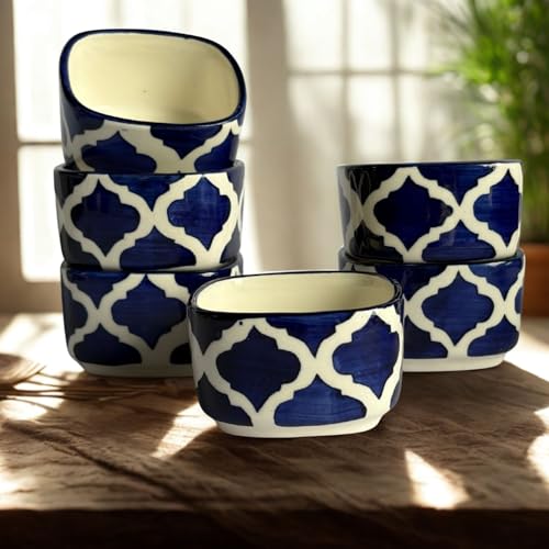 Image of Designer Ceramic Dip Bowls Set | Navy Blue Moroccan Pattern Serving Bowls for Condiments, Snacks & Dips | 6 Pieces, 40 ml