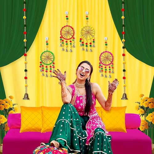 Image of Party Propz Green and Yellow Backdrop Decorations with Pom Pom Hangings, Mehendi Decoration Setup, Haldi Decoration Items for Home Decor, Backdrop Cloth for Decorations Pooja(17Pcs)(Satin)