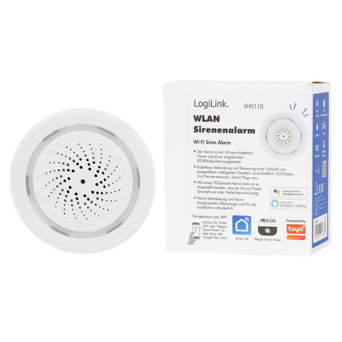 LogiLink SH0110 - Wi-Fi Smart Home Alarmsirene (90db), über App steuerbar, IP20, Tuya kompatibel, unterstützt Amazon Alexa und Google Home