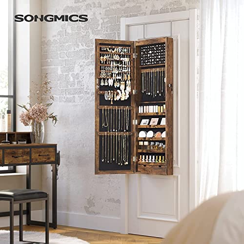 SONGMICS Espejo Joyero LED, 120 cm de Alto con Cerradura, Armario Joyero de Pared o Montado en la Puerta, Organizador de Joyas con Espejo, 2 Cajones, 10 x 37 x 120 cm, Marrón Rústico JJC93CB 2 Songmics Espejo Joyero Led, 120 Cm De Alto Con Cerradura, Armario Joyero De Pared O Montado En La Puerta, Organizador De Joyas Con Espejo, 2 Cajones, 10 X 37 X 120 Cm, Marrón Rústico Jjc93cb