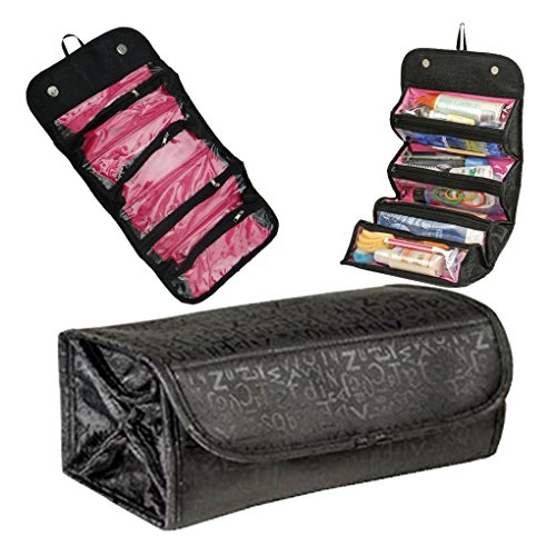 4-Layer Roll up Foldable Travel Organizer Multifunctional Hanging Makeup Cosmetic Bag Large Capacity Toiletry Storage Bag Organizer Bath Shower Clear Case Holder Pouch for Women Girls (Black)