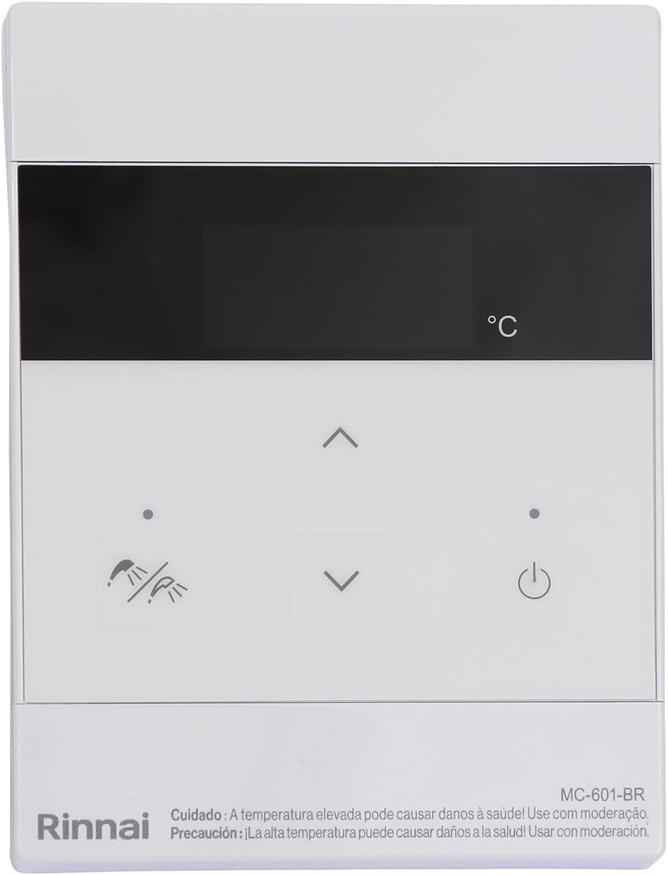 Close-up of the Rinnai digital remote control for the water heater, showing temperature display and control buttons.