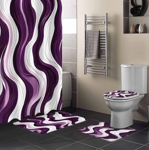Purple Stripe Bathroom Set with Shower Curtain and Rug and Accessories - 36x72 Inches Long Geometric White Wave Modern Ocean Stall Curtain Waterproof with Small Bath Mat, Washable Runner Rug Set