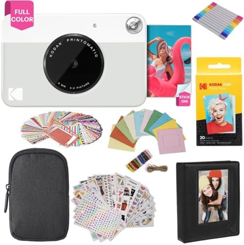 Kodak Printomatic Instant Camera (Grey) Gift Bundle + Zink Paper (20 Sheets) + Deluxe Case + 7 Fun Sticker Sets + Twin Tip Markers + Photo Album + Hanging Frames + Comfortable Neck Strap
