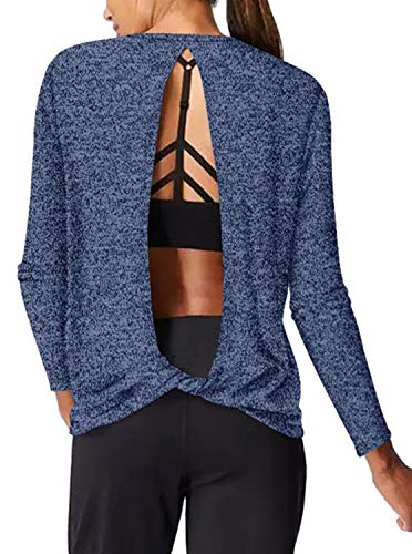 LASLULU Long Sleeve Workout Clothes Open Tit Back Loose Activewear Sexy Backless Yoga Shirts Exercise Athletic for Women(Blue L)