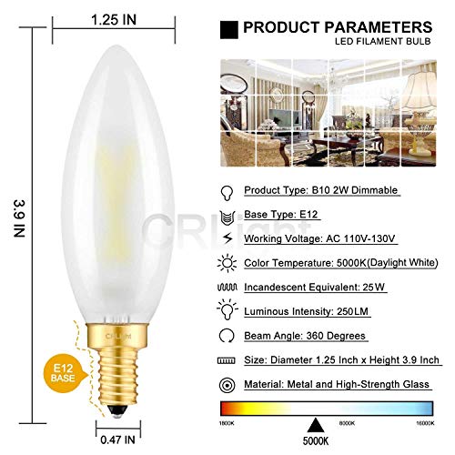 Crlight 5000K 2W Led Candelabra Bulb Daylight White, 25W Equivalent 250Lm, E12 Base Dimmable Led Chandelier Filament Light Bulbs, Antique Style B10 Frosted Glass Candle Torpedo Tip, 10 Pack #TOP2