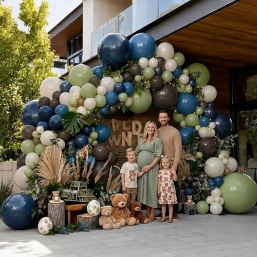 Image of Green Blue Balloon Garland Double Stuffed Sage Brown White Sand Balloons | Dusty Green Denim Blue Ivory Balloon Arch for Dinosaur Baby Shower Wild One Birthday Woodland Bear Party Decorations