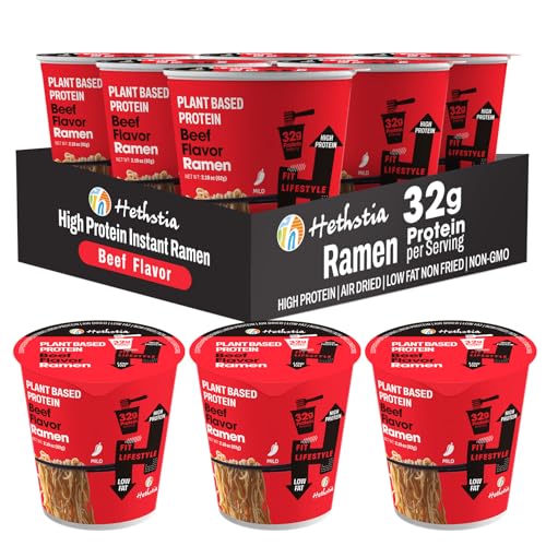 Image of Hethstia High Protein (32g) Ramen Noodle 6-Pack Instant Beef Soup Cup | Plant-Based, Vegan, Non-Fried, Non-GMO, Low Fat, Ready in Minutes, Convenient Everyday Meal Option