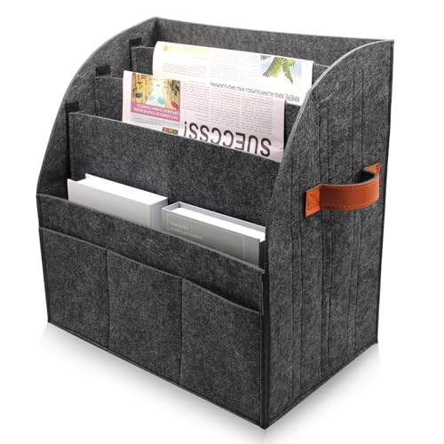 HMOSSVK Foldable magazine storage basket, leather handle felt organizer, can store magazines, newspapers, laptops, glasses, phones and other items, suitable for home or office storage of