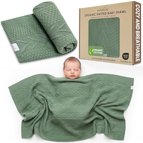 Image of infancie Organic Cotton Knit Baby Blanket 31.5 X 43.3 Inches Soft Knitted and Breathable Baby Blanket for Boys and Girls Perfect Swaddle Baby Blankets for Boys & Girls, Infants Toddlers All Seasons