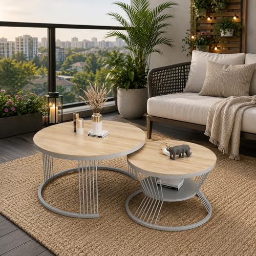 Image of The Round Coffee Table and The Stacking Tea Table with a Gold Metal Frame are Two Versatile Modern Center Tables that Look Great in Living Rooms (Cream Gry)