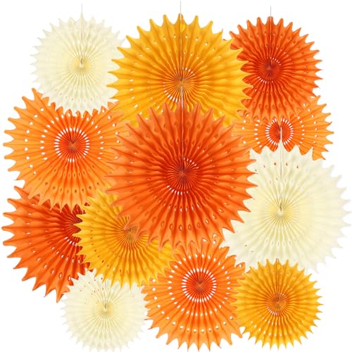 BestoFun 12 Stück Orange Papier Fächer Set Herbst Deko Beige PomPoms Tissue Blumen Hängende Blumen Girlande Papier Fächer Autumn Decor für Geburtstags Hochzeit Herbstdekorationen Festival