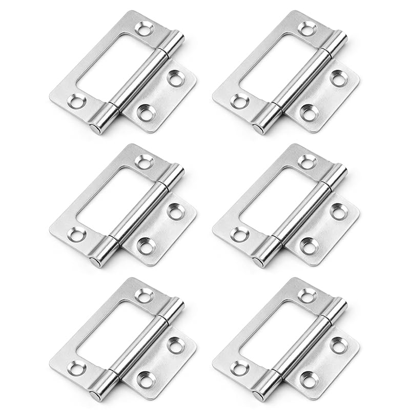 6Pcs Flush Door Hinges, 2 Inch Iron Cupboard Hinges for Window Cabinets, Closet, and Drawer Boxes, Flat Hinges for Wooden Furniture, Silver