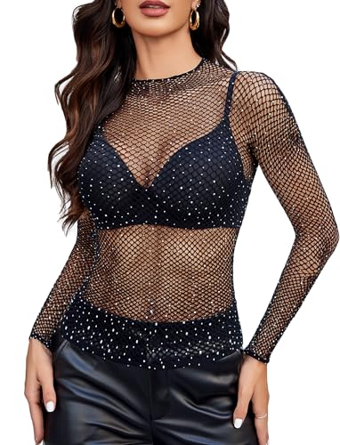 Image of Avidlove Women's Sexy Fishnet Mesh Long Sleeve Tops Mock Neck Sheer Lace See-Through Blouse Bodycon Clubwear Party Tops