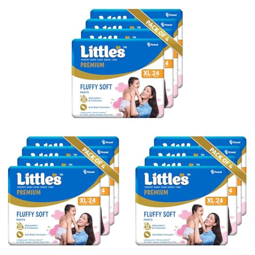 Image of Little's Premium Baby Diapers XL Size (Extra Large) Pants Style | 12-17 kg | 96 Count | FluffySoft Baby Diaper with Leakage Guard, Wetness Indicator & 12 Hours Absorption | (24 Count, Pack of 12)