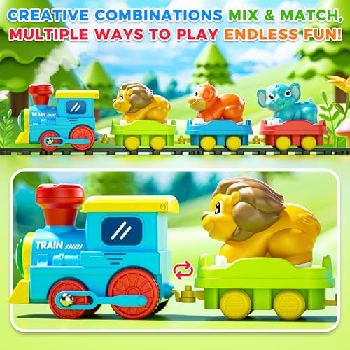 Image of Train Set for Toddlers with Steam, Music, Lights and 3 Animal Cars | Electric train fun meets animal play with music, lights and a playful steam effect.