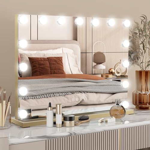 YOURLITE Miroir Maquillage Hollywood avec LED Lumineux Tactile 58x45CM, Température et Luminosité Variable, avec Petit Miroir Grossissant, 15 Ampoules, Port...