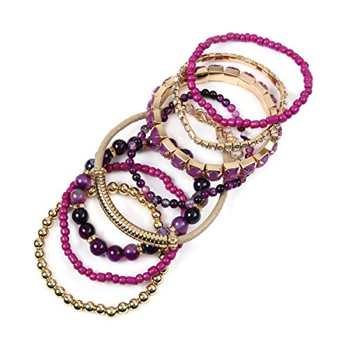 Riah Fashion Multi Color Stretch Beaded Stackable Bracelets - Layering Bead Strand Statement Wrap Bangles (Natural Stone - Purple Amethyst, 8.0 Inches) #TOP3