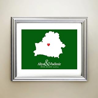 MG Global - Belarus Custom Horizontal Heart Map Art - 11x17 16x24 24x36 Map Print - Personalized Names, Wedding Gift, Engagement, Anniversary Date - Wall Art Decor
