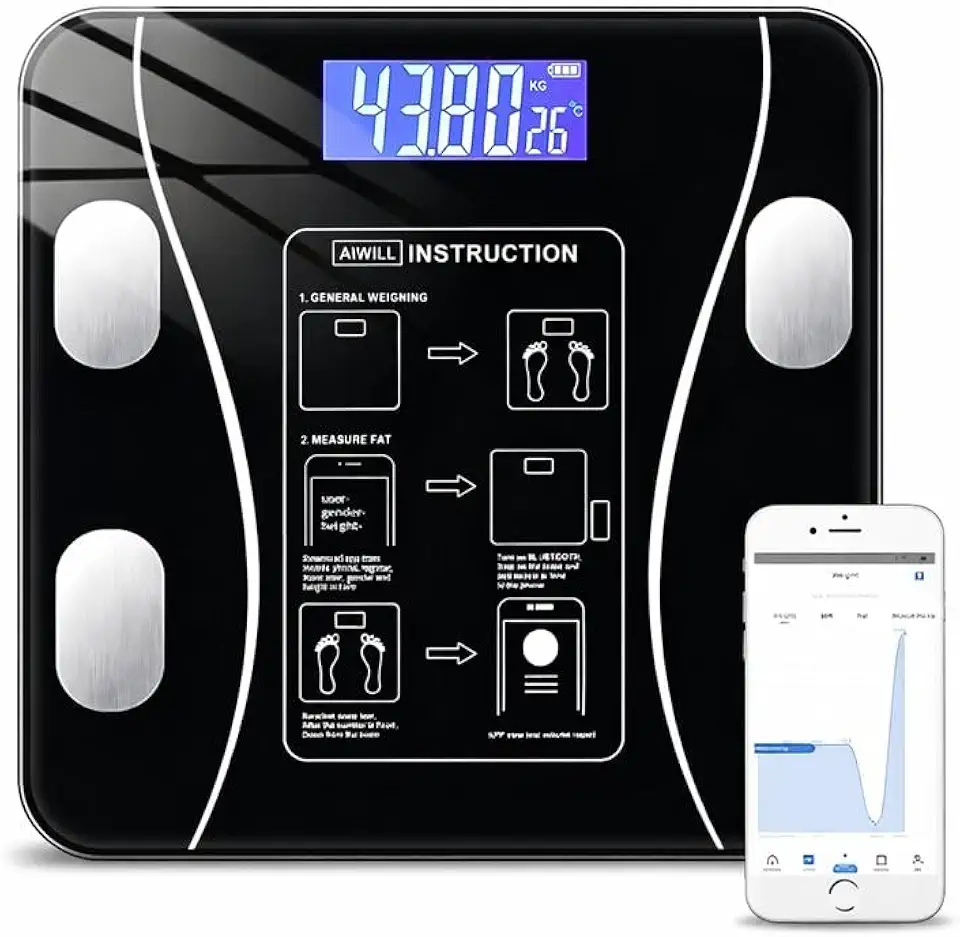 Balança Digital Bioimpedância Premium Bluetooth com App Saúde iOS Android para IMC Gordura Corporal Massa Muscular Massa Óssea Água Corporal Taxa Metabólica BMR Alta Precisão Vidro Temperado LED