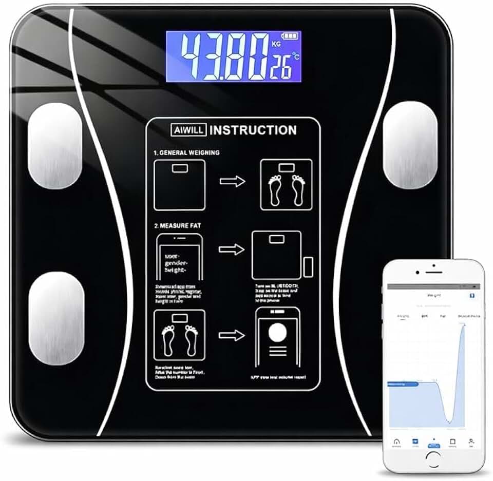 Balança Digital Bioimpedância Premium Bluetooth com App Saúde iOS Android para IMC Gordura Corporal Massa Muscular Massa Óssea Água Corporal Taxa Metabólica BMR Alta Precisão Vidro Temperado LED