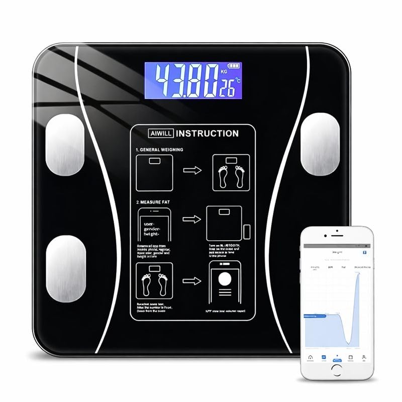Balança Digital Bioimpedância Premium Bluetooth com App Saúde iOS Android para IMC Gordura Corporal Massa Muscular Massa Óssea Água Corporal Taxa Metabólica BMR Alta Precisão Vidro Temperado LED