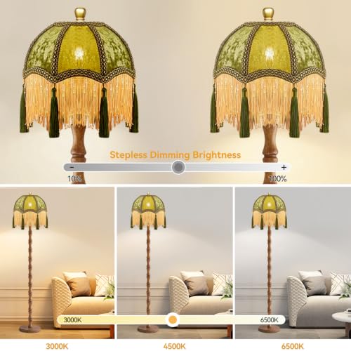 Image of AHDWDW Vintage Floor Lamp for Living Room Bedroom,Victorian Floor Lamps with Remote,Wood Standing Tall Lamp with Green Tassels Velvet Lampshade,Fringe Dimmable Floor Lamp for Corner Reading Decor