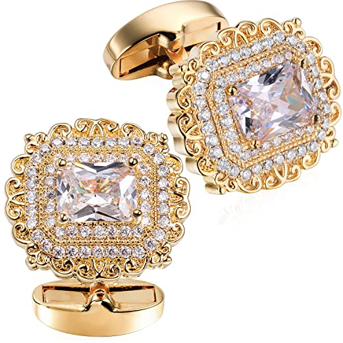Image of HAWSON Cufflinks for Men, Gold Diamond Crystal Cufflinks for Groom Husband Personalized Gifts, Mens Formal Wedding Business Cufflinks, Luxurious Gorgeous Cuff Links French Shirt Accessories