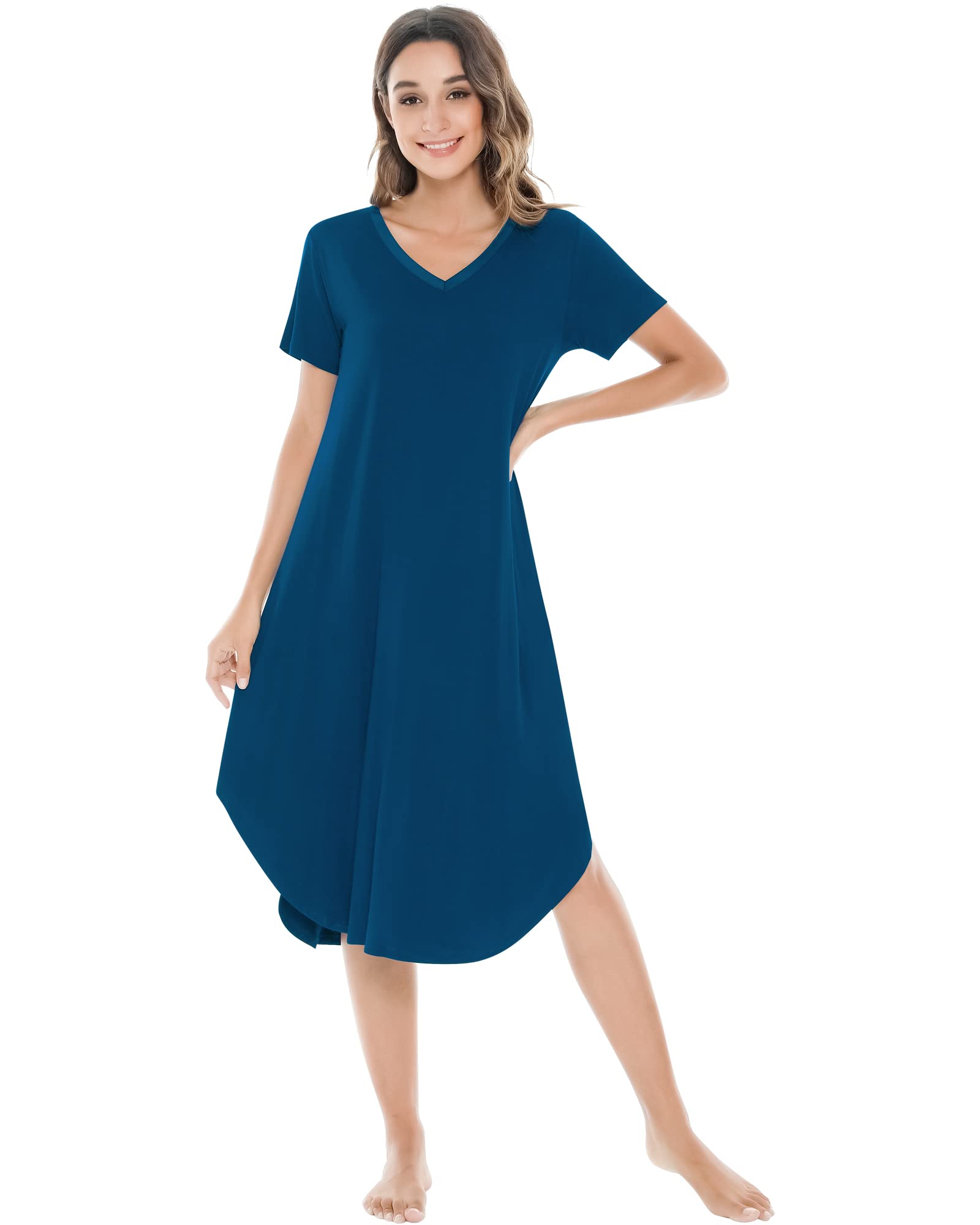 NACHILA Bamboo Viscose Nightgowns for Women Cooling Short Sleeve Sleepshirt | Soft V Neck Night Gowns, Moisture-Wicking Sleepwear for Hot Flashes &amp; Night Sweats, Ladies Nightshirts for Sleep, Home, Gift
