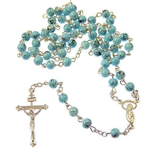 R. Heaven Blue Turquoise Style 6mm Beads Glass Rosary Beads Necklace Christian Silver