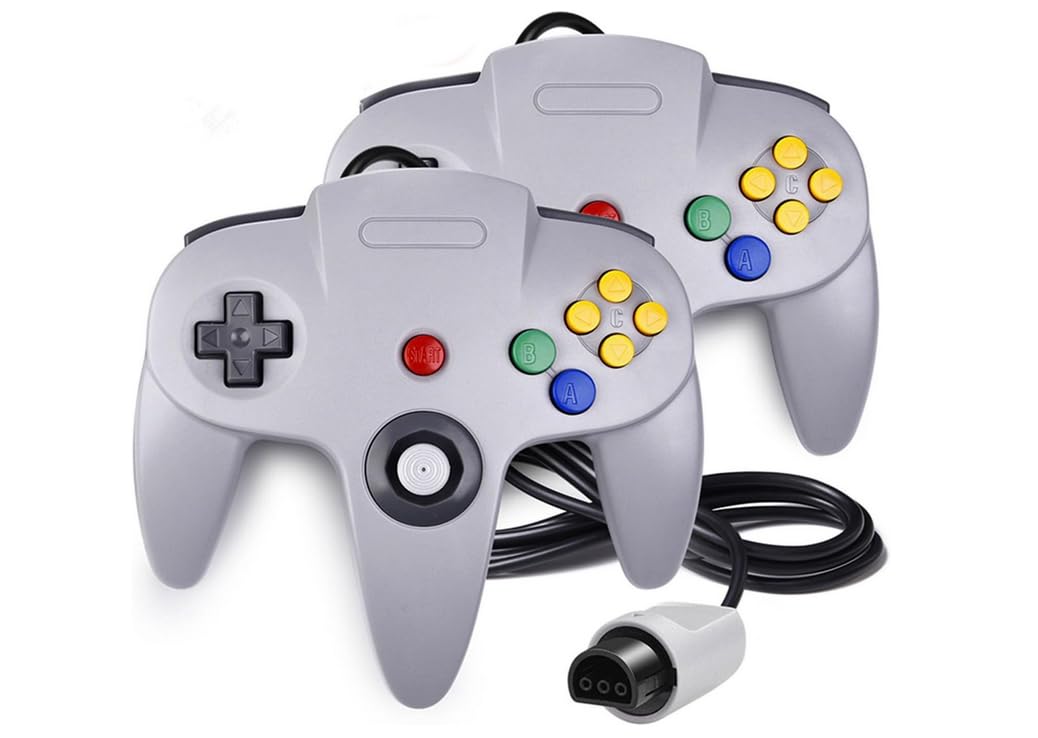 Pack de 2 Manettes Compatibles 64 N64 – Joypads Filaire 1,80 m Gris – Joystick Analogique & Boutons C – Compatible Rumble Pak – Straße Game®