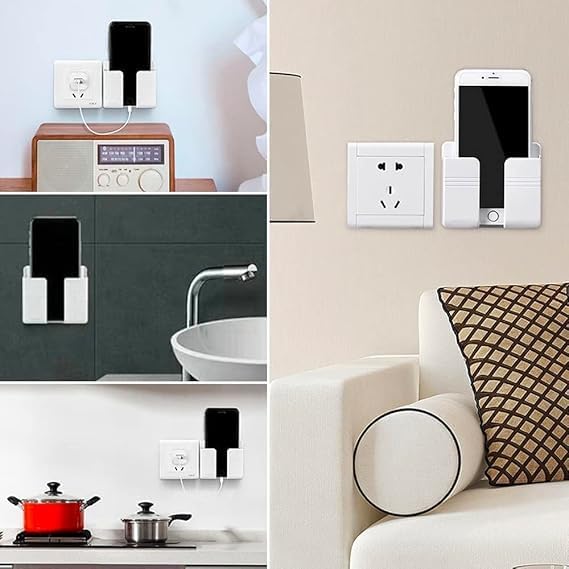 Image of EDNITA Premium Multi-Functional Wall Mobile Phone Holder | Sticky Stand for Charging & Storage | Self-Adhesive Wall Phone Holder with Hook | Bedroom, Office & Other (White - Pack of 3)