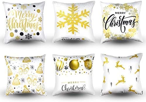 MENOLY 6 PCS Christmas Throw Pillow Cover Pillow Cases Cushion Couch Covers Gold Stamping Print Snowflake Merry Christmas Deer Throw Pillow Case 18 x 18 Inch for Navidad Decorations