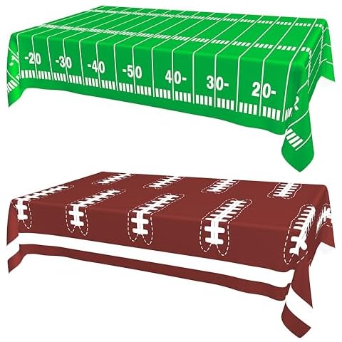 Mulbozy Football Tablecloth, 2 Pack Touchdown Tablecloth, Fun and Durable Football Party Decorations, Disposable Plastic Table Cover for Football Themed Birthdays and Game Days, 54 X 108Inch Cover