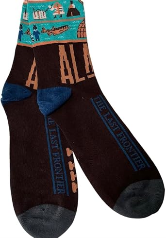 Robin Ruth Alaska Crew Socks Alaska Retro Igloo Salmon Indigenous Design 75% cotton L/XL