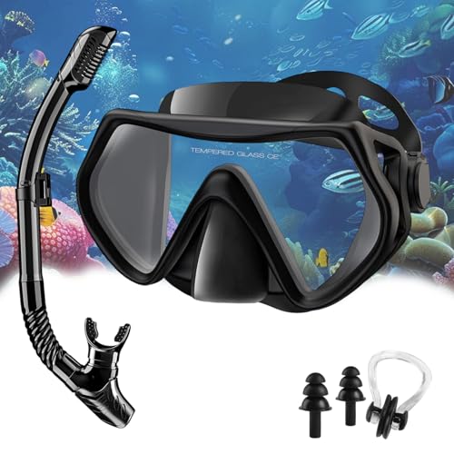 SupRovare Set de esnórquel para adultos – Set de esnórquel con gafas de buceo y tubo seco, tapones para los oídos, pinza nasal y bolsa de viaje para esnórquel, buceo y deportes acuáticos