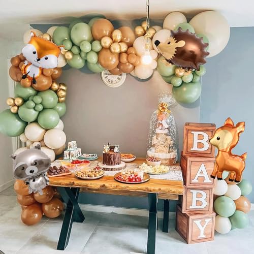 Woodland Animal Balloons Garland Arch,138Pcs Sage Green Brown Sand White Balloons for Baby Shower Kids' Woodland Animals Theme Birthday Party Supplies Decorations
