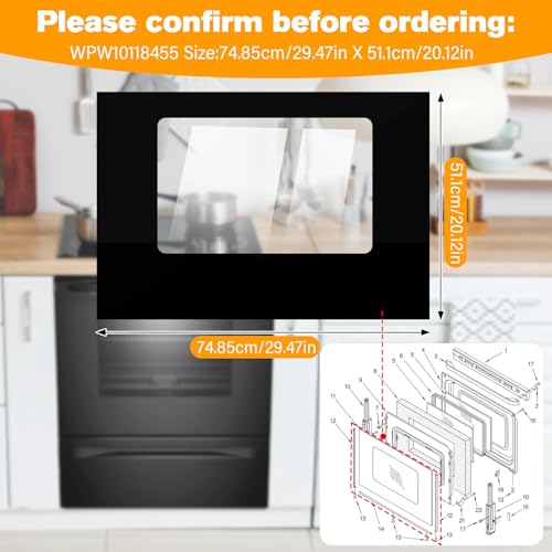 Image of WPW10118455 Outer Oven Door Glass Compatible With Whirlpool Stove Outer Glass W10118455 Whirlpool Oven Outer Glass Door Replacement Parts W10010680, W10075990, 1470262 Exterior Door Glass