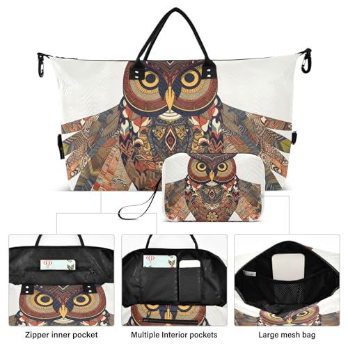 Large Travel Duffel Bag, Owl Ethnic White Sports Tote Gym Bag, Shoulder Weekender Overnight Bag for Women Men, Carry On Luggage with Toiletry Bags2