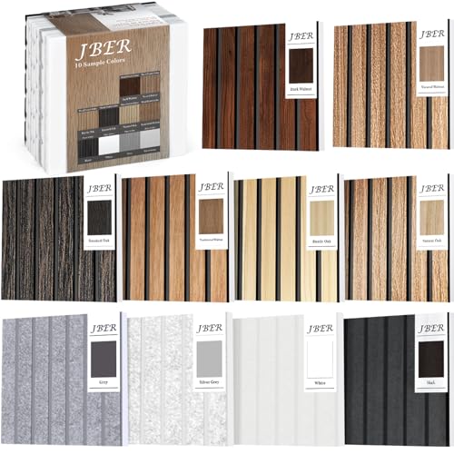 JBER Confezione da 10 pannelli acustici, 10 campioni di colore, 3D, autoadesivi, scanalati, per pareti, pannelli decorativi con venature del legno, per studi di registrazione, uffici, casa, 20 x 20 x