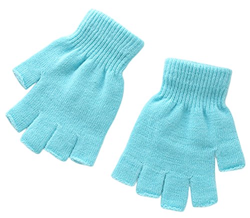 X&F Boys' and Girls' Solid Knitted Half Finger Mittens Typing Gloves, Small, Sky Blue