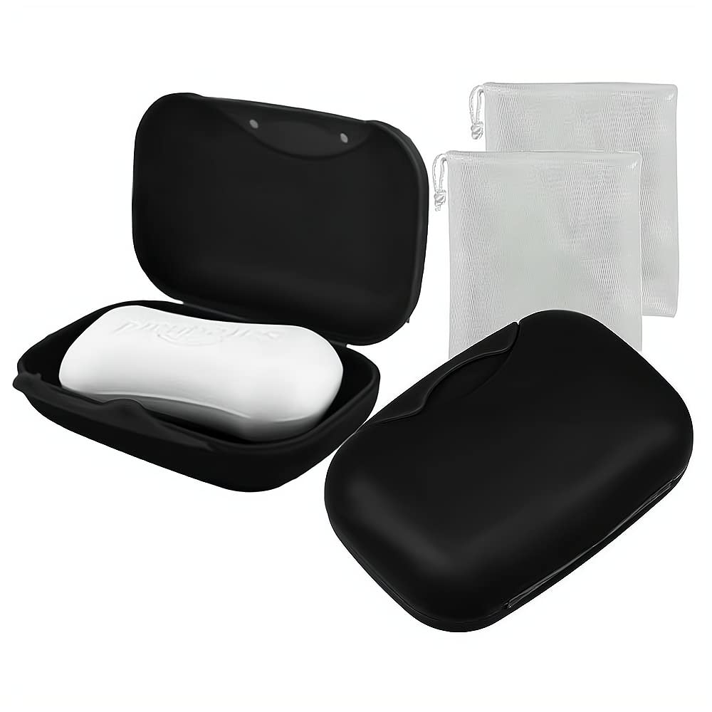 DELFINO Soap Dish Travel Box, 2 Pack Soap Holder with Bubble Foam Soap Bag, Translucent Soap Tray Soap Saver Box Case for Home Travel Outdoor Hiking Bathroom Camping Gym (Black)