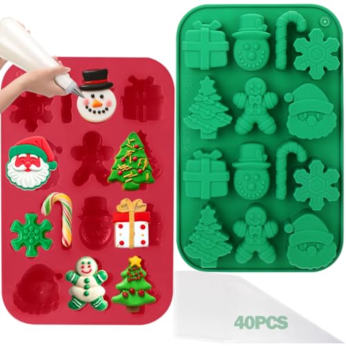 BUSOHA Christmas Silicone Chocolate Molds - 2 Pack Christmas Candy Molds with 40 PCS Piping Bags,3D Snowflake Silicone Baking Molds for Chocolate, Candy, Jelly, Ice Cube, Dog Treats