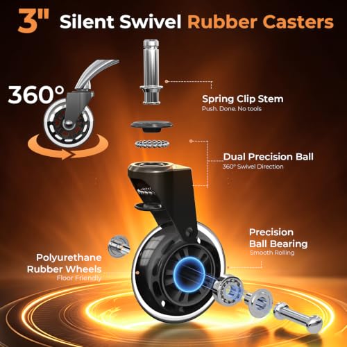 Image of Office Chair Wheels for Casters Replacement - 3 inch Rubber Wheels for Computer Gaming Desk Caster Smooth & Safe Rolling for All Floors Including Hardwood and Carpet - Set of 5 - Modern