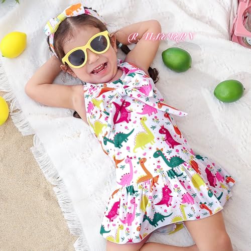 RAISEVERN Toddler Girl One Piece Swimsuit Baby Beach Bathing Suit Swimwear with Bowknot Headband 1-5T4