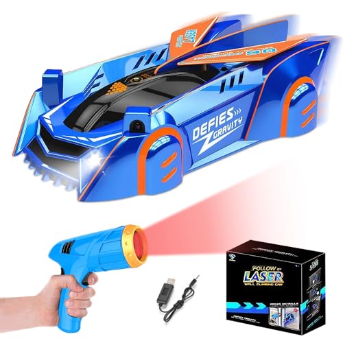 KUWUNG Laser Remote Control Cars Rechargeable Wall Climbing Race RC Car with LED Lights for Kids Zero Gravity Laser Control Sport Cars Blue