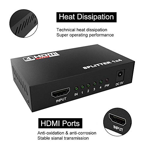 HDMI Splitter 1 in 3 4 Out,DRLSS V1.4 Powered 1x4 Ports Box Supports 4K@30Hz Full Ultra HD 1080P and 3D Compatible with PC STB Xbox PS4 PS3 Fire Stick Roku Blu-Ray Player HDTV - Thumbnail 4