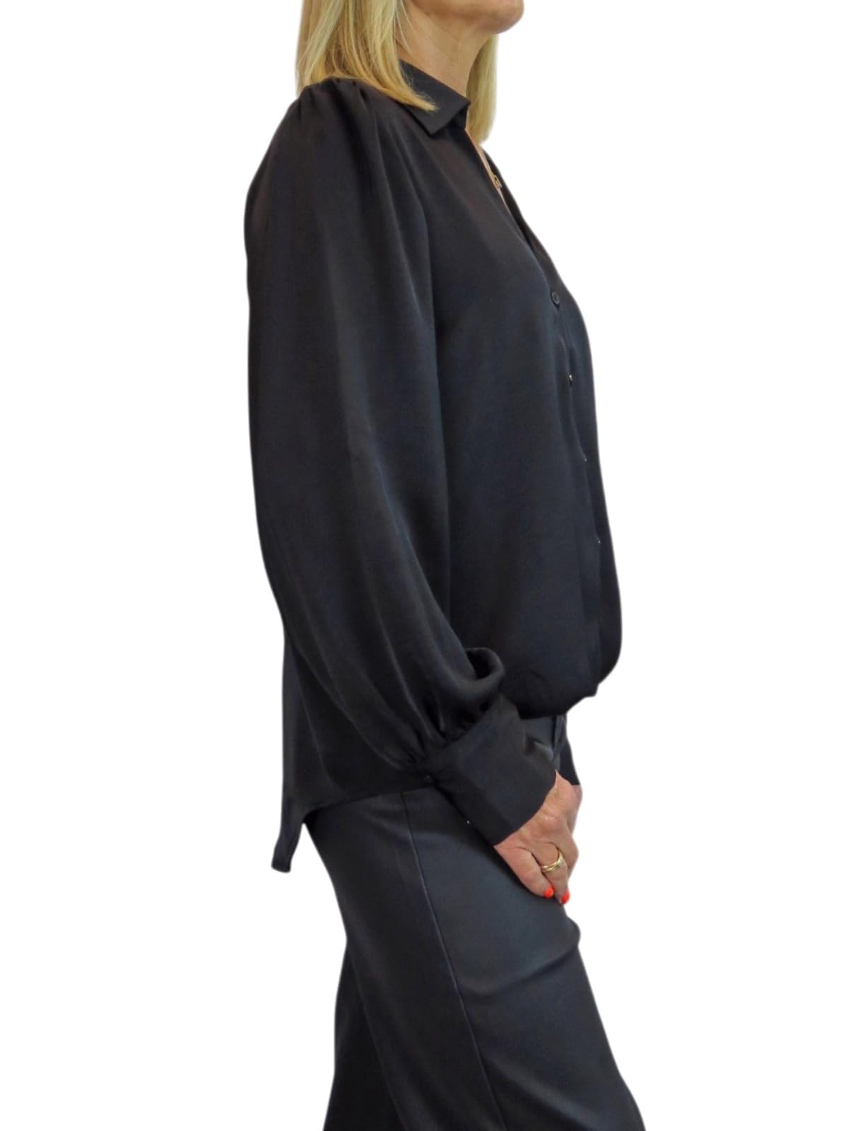 Paulo Due Chemisier Satin Femme Manches Longues Boutonné Col V Élégant Haut Fluide Léger Bureau Chic